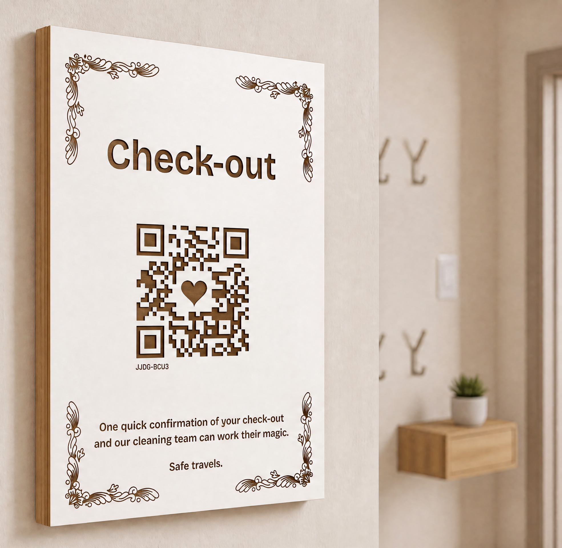CheckYout Check-out-Schild auf beschichtetem Holz